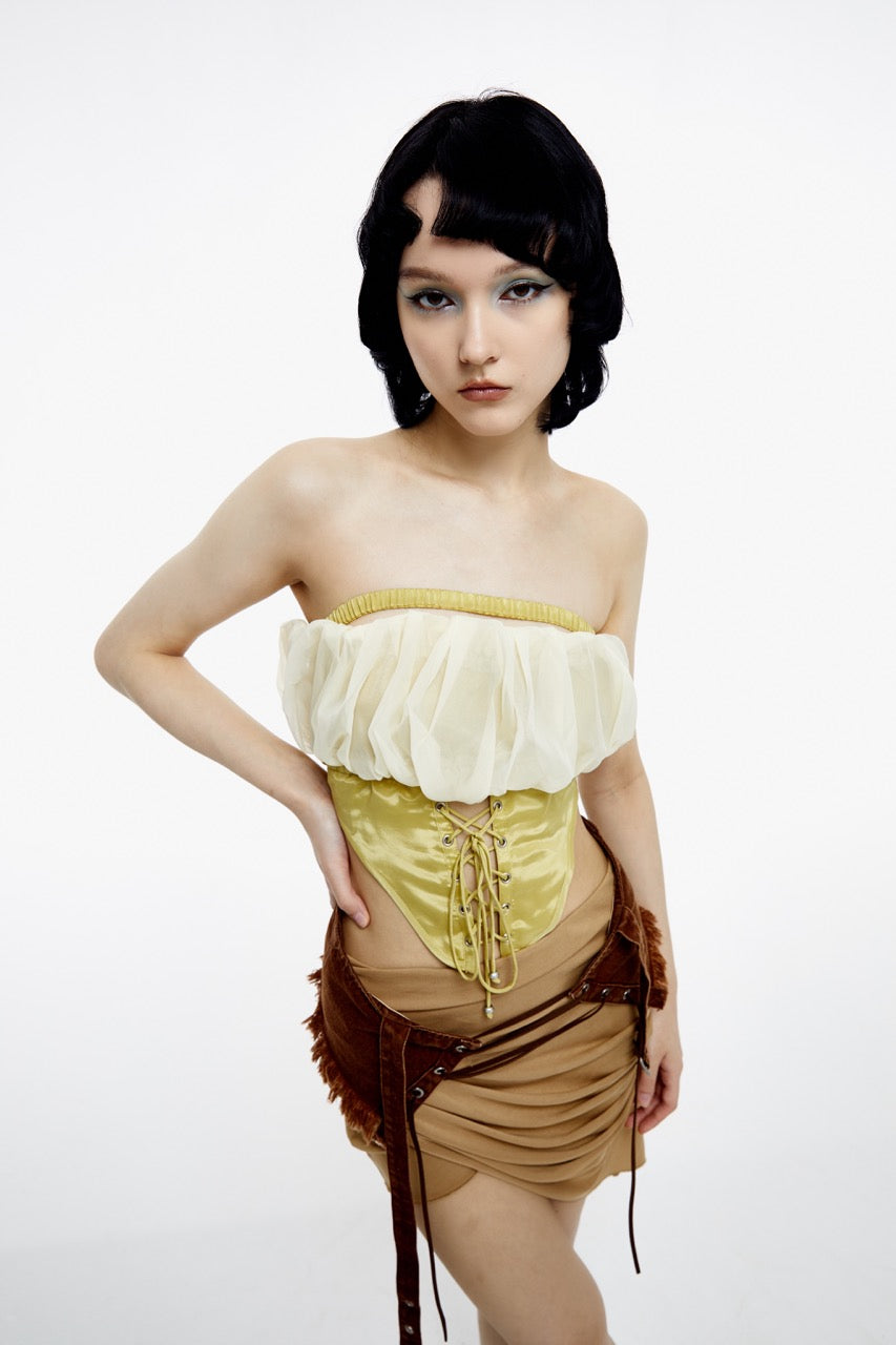 CSFC-Label Yellow Puffy Ruffled Lace-up Tube Top
