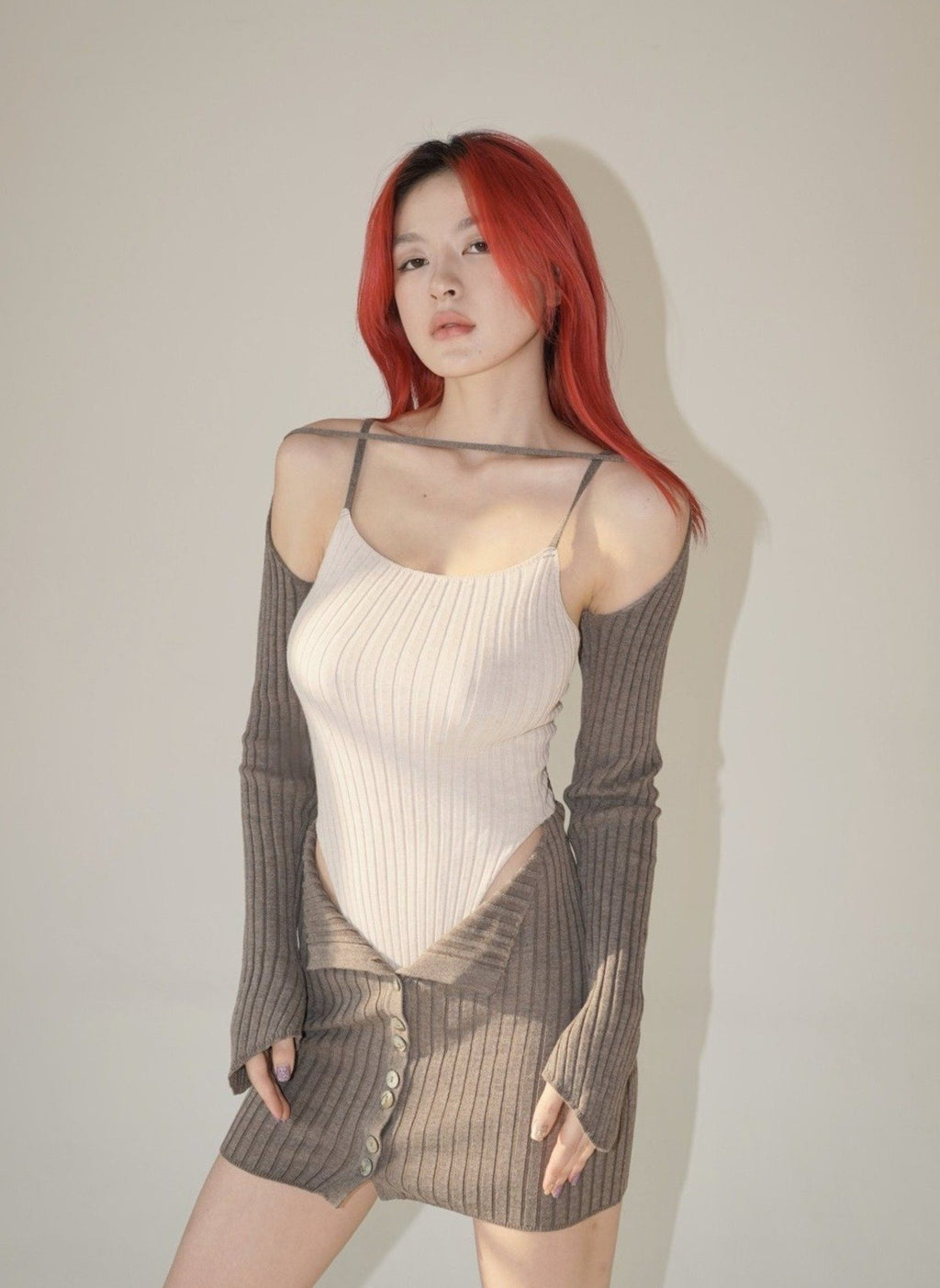 CSFC Label Two-tone Cut-out Knitted Bodysuit Dress w strap sleeves