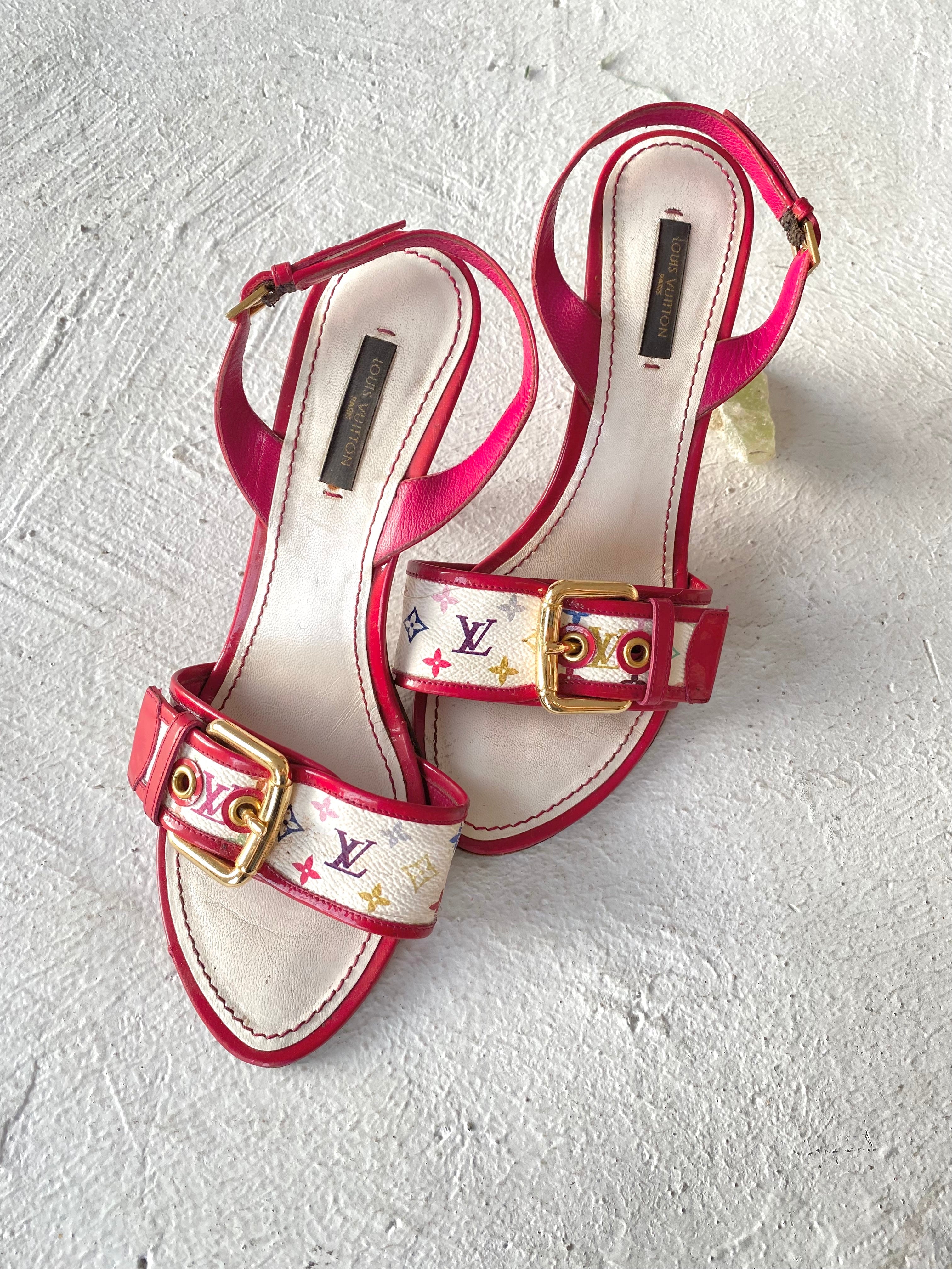 Louis Vuitton White Monogram Multicolor Ankle Strap Heels, size 37.5/6.5